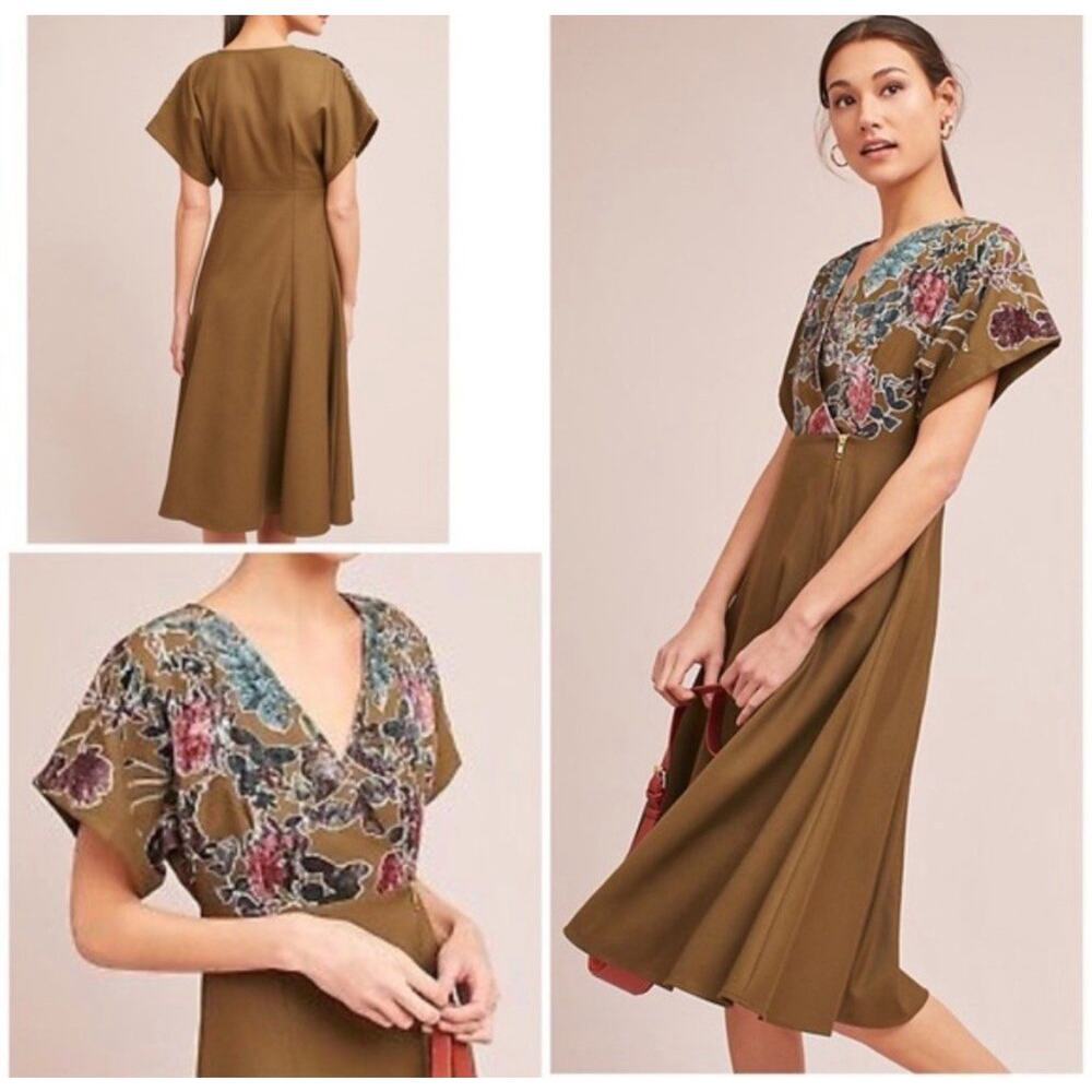 Hemant & Nandita Dress Womens Size 12 Green Candida Floral Velvet Boho Whimsi
